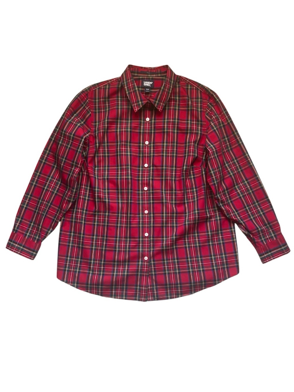 Land's End Red Plaid Button Up No Iron Supima Cotton OEKO-TEX Blouse Top